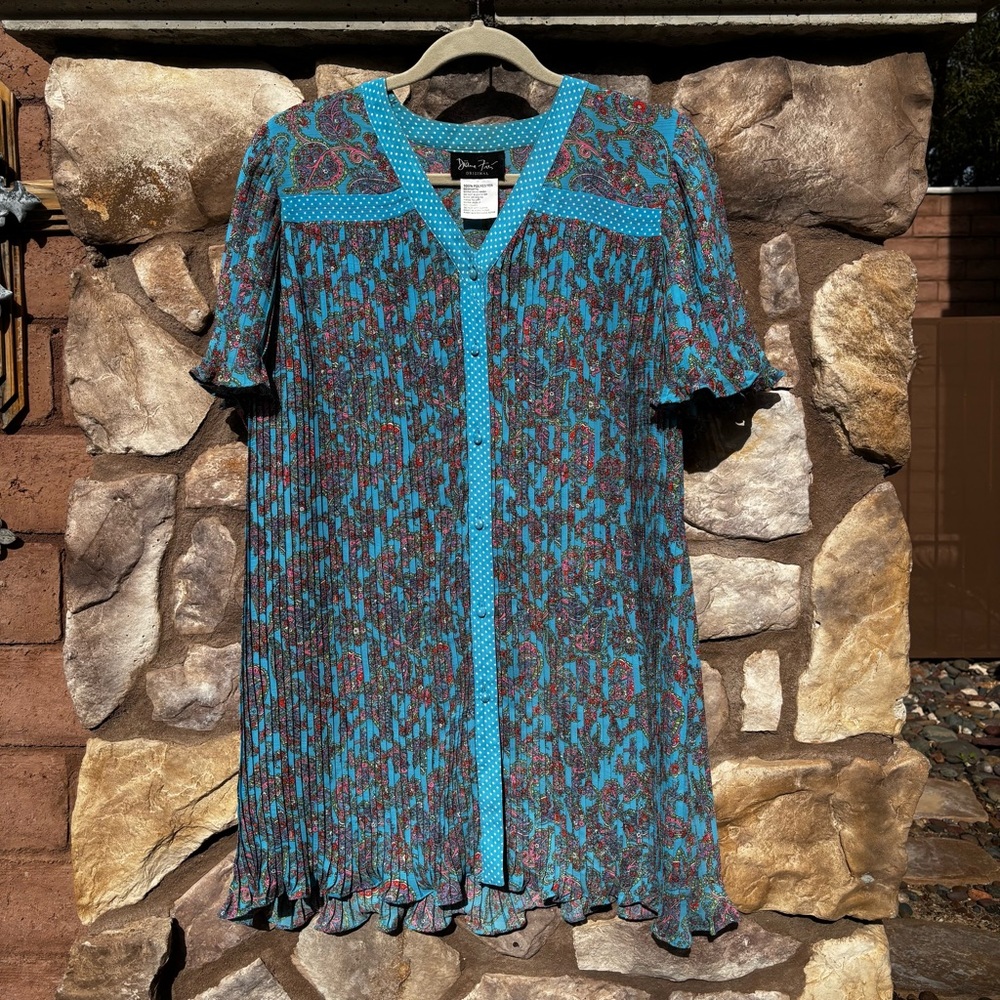 Vintage Diane Freis Pleated Dress Large Georgette Blue Floral Polka Dot 80s